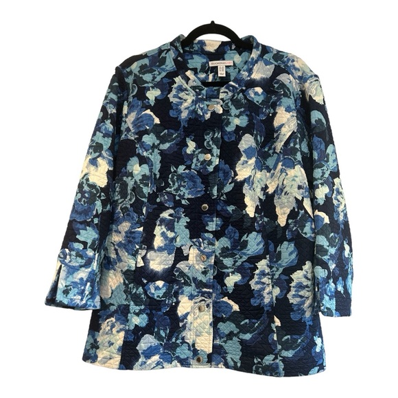 Issac Mizrahi Live! Jackets & Blazers - Isaac Mizrahi Watercolor Floral Jacket Blue Plus 2X Snap A305207 Women Pockets